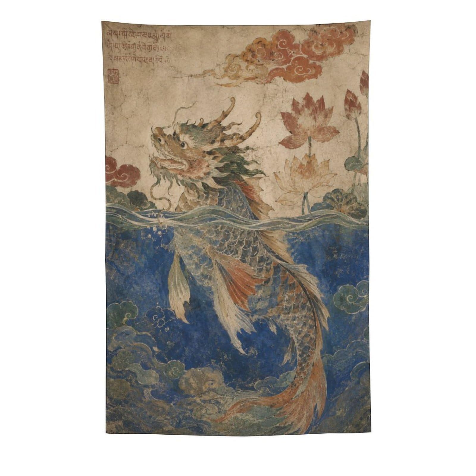H3B8U2Y5 Dragon and Waves Wall Tapestry, Surrealist Style, Ancient Asian