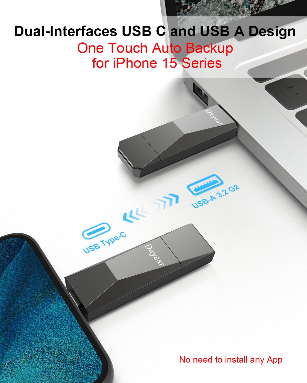 Chiavetta USB C da 256 GB, 2 in 1, USB C Flash Drive USB A 3.2 Gen2, 500 MB/s ad alta velocità, per i-Phone 15/15 Plus/15 Pro/15 Pro Max/USB-C iPad/Android/Laptop/Mac