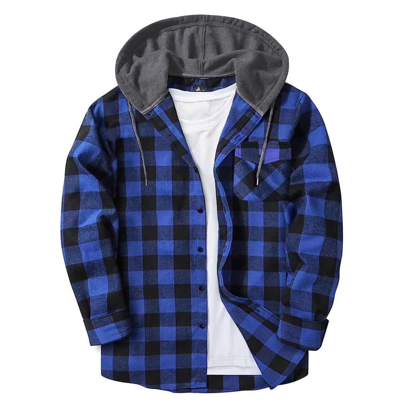 Shirts for Men Long Sleeve Fashion Casual Button Down Plaid Shirt Drawstring Hooded Jackets Lightweight Shacket 2026 — view 17