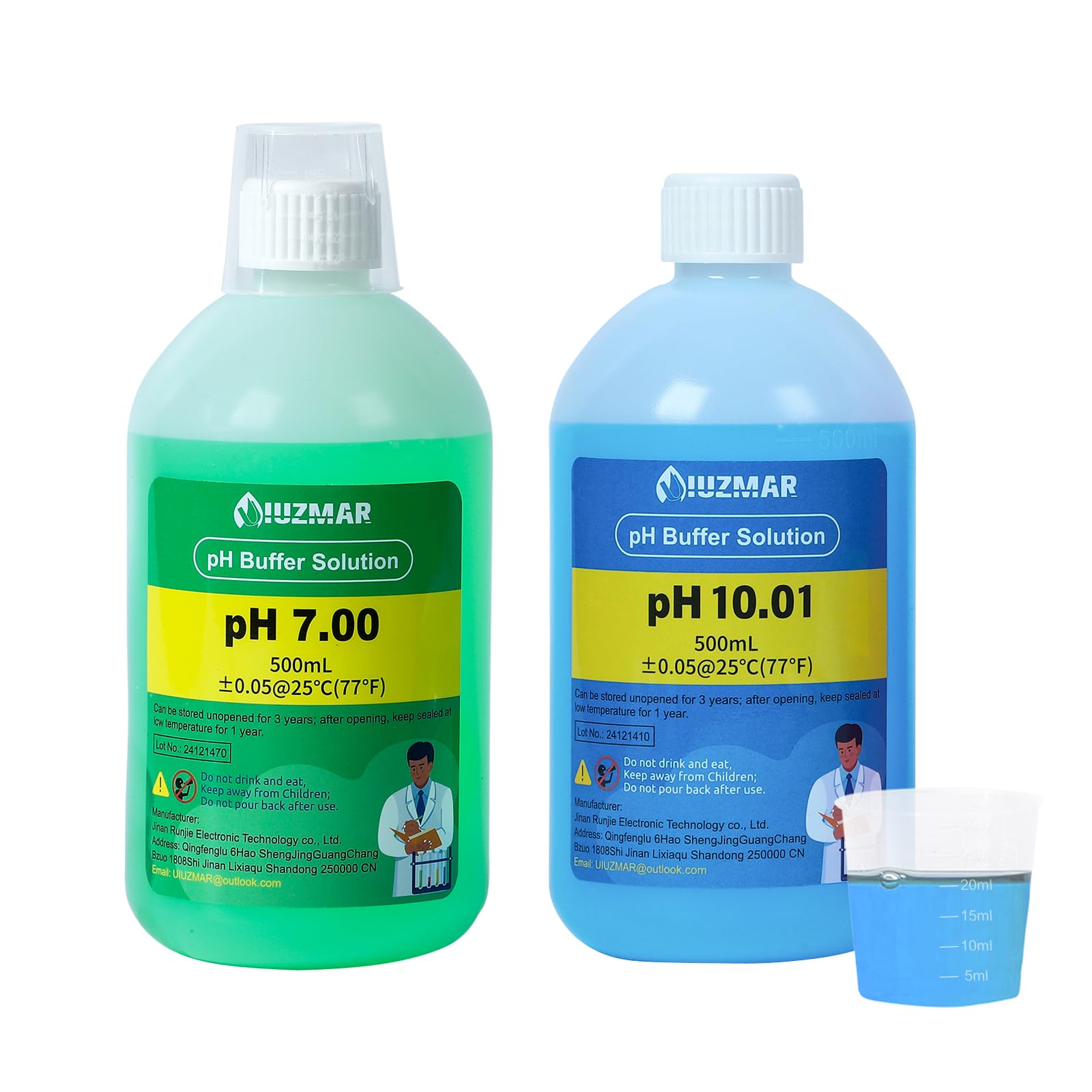 UIUZMAR Solution D'étalonnage du pH, pH 10.01/7.00 Solution 500mL Chacune, Solution D'étalonnage du Tampon pH avec Gobelet (30ml*2) pour pH mètre, Testeur de pH, Moniteur de pH, Sonde de pH