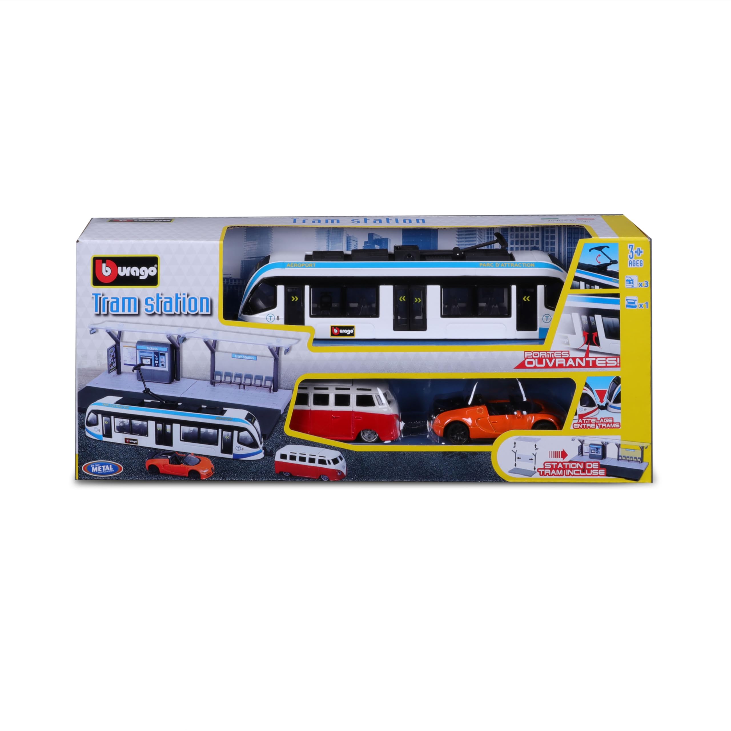 Bburago - Playset Public Transport w skali 1/64 - autobus, tramwaj, stacja + 2 pojazdy - Zabawka edukacyjna dla dzieci - modele losowe - Rozwija wyobraźnię i kreatywność