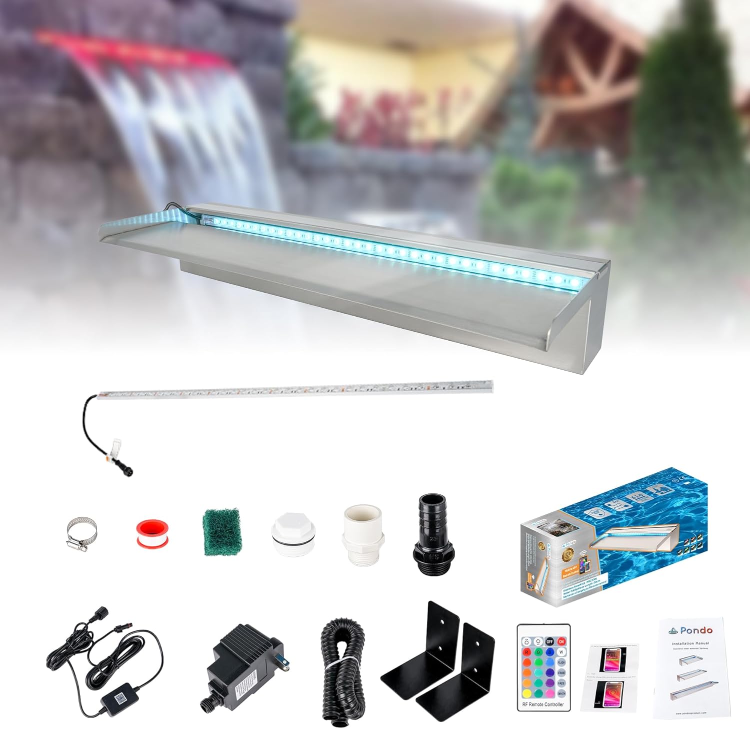 36'' APP 316 Stainless Steel Spillway with 16-Color LED Light Bar, Salt Water Corrosion Resistant Lighted Waterfall Pool Fountain Designed for Seawater Use, Waterfall Spillway for Garden Outdoor