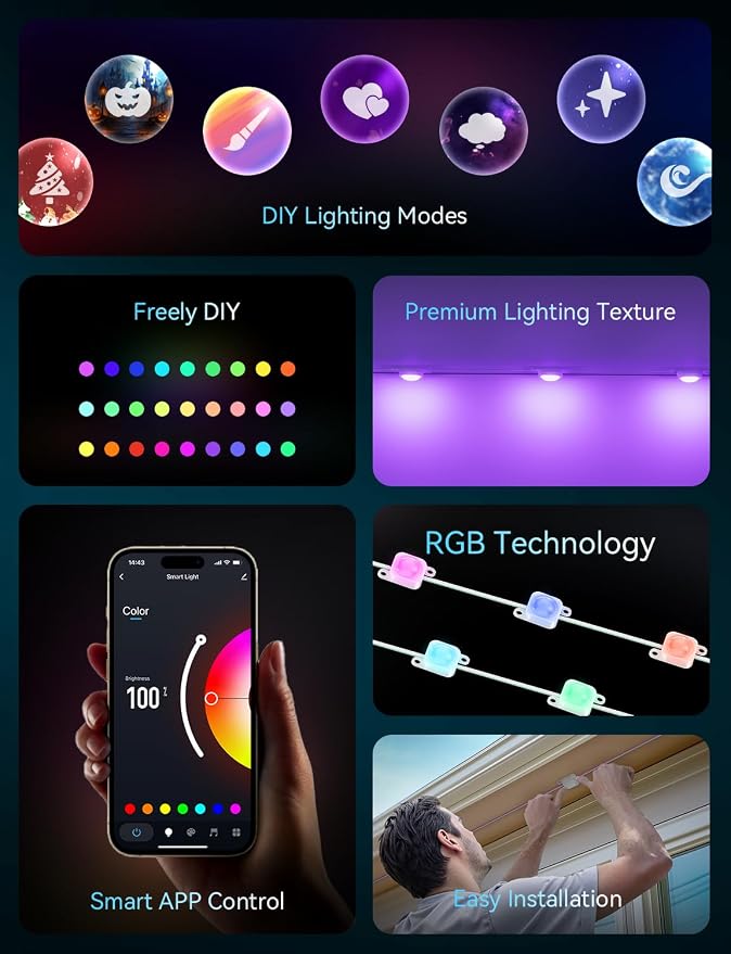 Smart 100FT Permanent Outdoor Lights, RGB LED Lights Outside with App Control - DIY Colors Scene Modes, IP67 Waterproof Eaves Lights for Christmas Halloween Holiday Daily House Roof Eternity Lighting