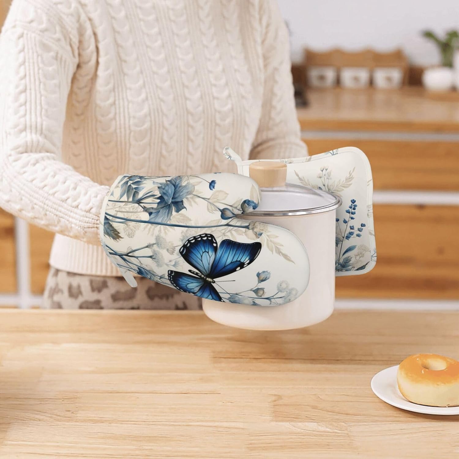 Oven Mitts and Pot Holders Butterfly Blue Flower Boho Silicone Kitchen Accessories Set of 4 Heat Resistant Long Gloves Potholder Non-Slip Grip for Chef Cooking Baking Grilling BBQ - Image 7