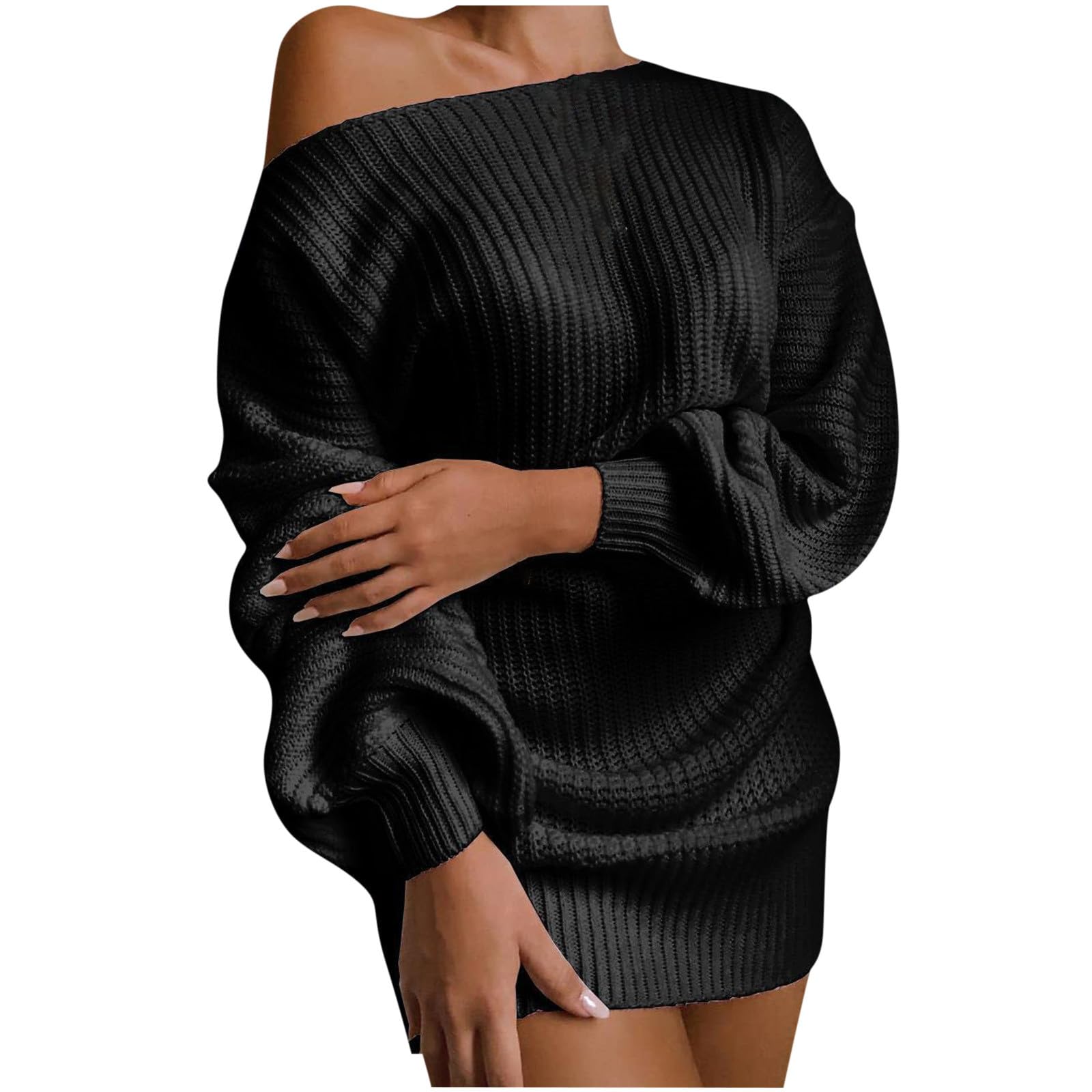 Women Off Shoulder Sweater Dress Sexy Lantern Long Sleeve Loose Casual Oversized Pullover Fashion Mini Knit Dress