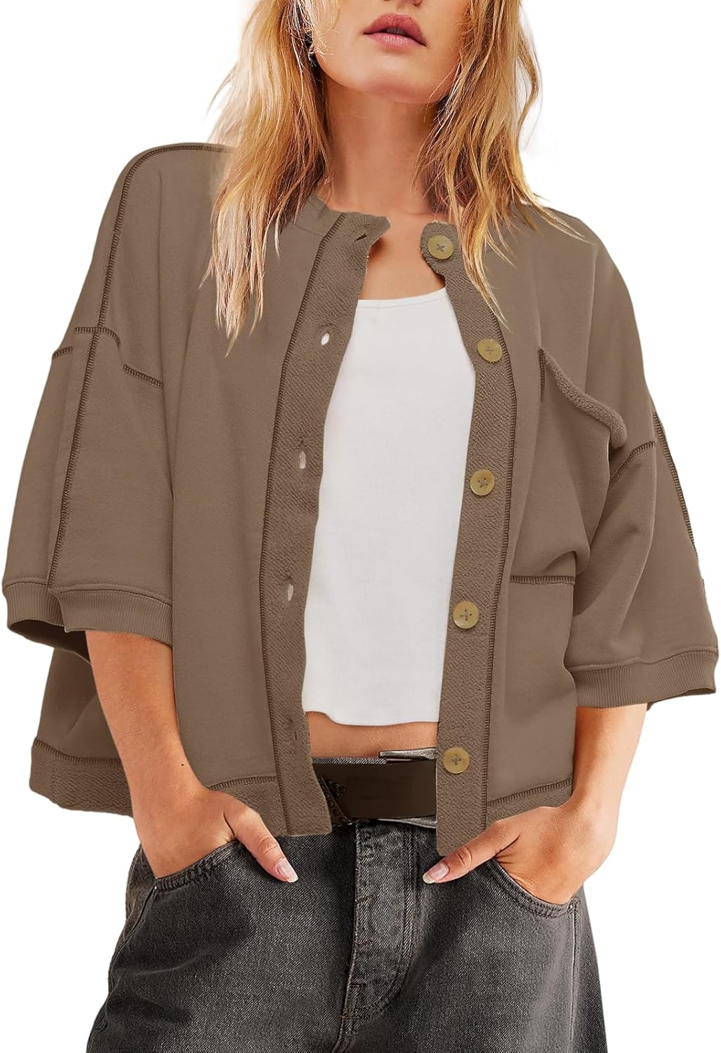 Nirovien Womens 3/4 Sleeve Crewneck Sweatshirt Casual Lightweight Cardigans Fall Button Down Shirts with Pockets - Image 2