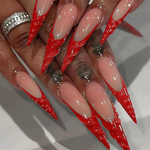 Long Press on Nails Stiletto Xl Fake Nails Red French