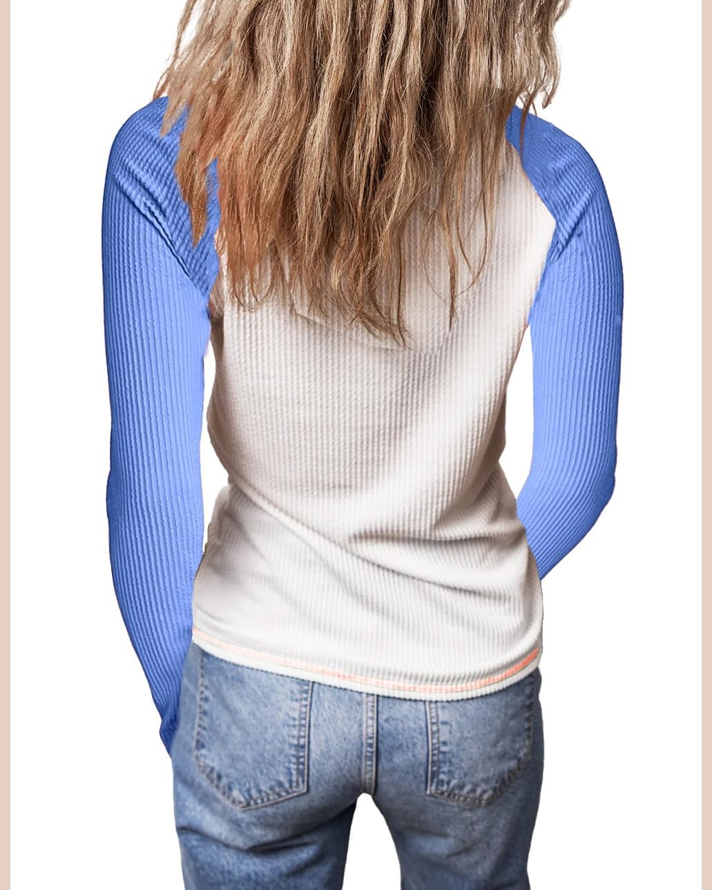 KINLONSAIR Women Raglan Long Sleeve Crew Neck Tunic Shirts Regular Fit T-shirts Color Block Fall Knit Tops Button Down Henley Shirts Trendy Outfits 2025 Blue - Image 4