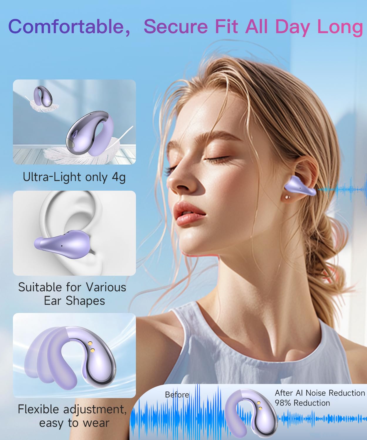 Auricolari ultra aperti aggiornati, leggeri, comodi, a conduzione ossea, wireless, con clip, vestibilità sicura e chiamate chiare, Bluetooth, per lavoro, pendolari, allenamento, corsa