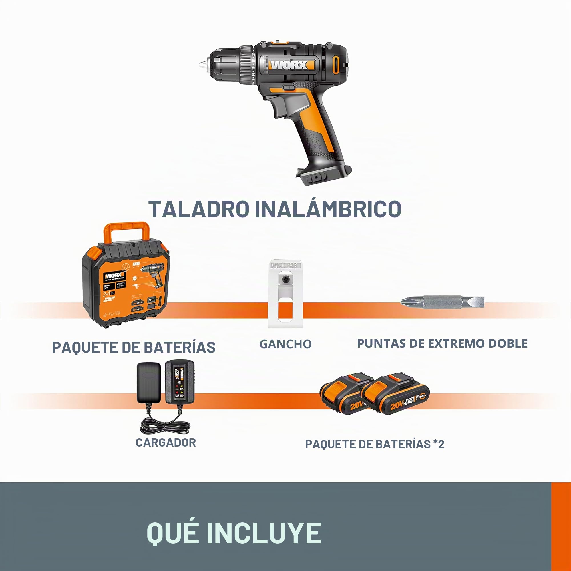 WORX - Taladro atornillador inalámbrico de 18 V (20 V máx.) WX100.3, PowerShare, par máximo 30 Nm, velocidad variable, luz LED, portabrocas sin llave de 10 mm, 2 baterías incluidas