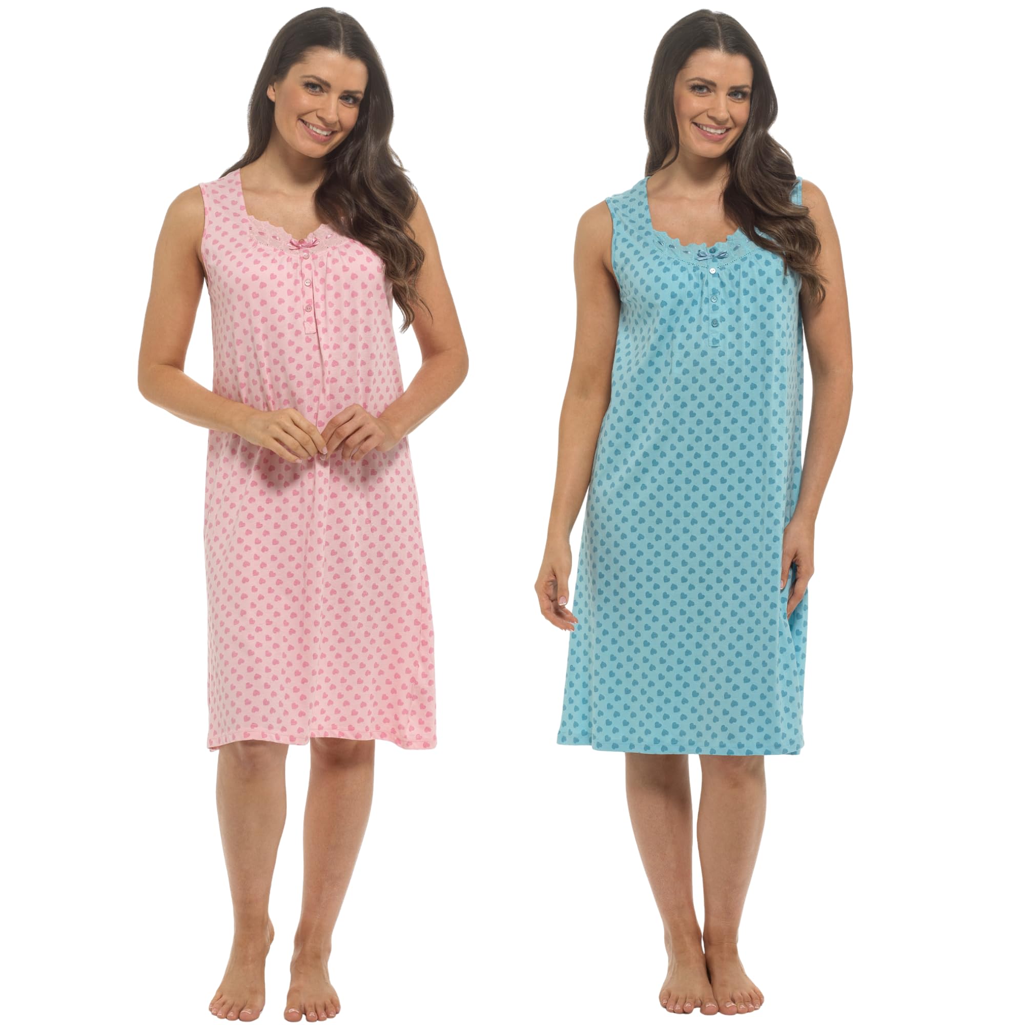 Insignia Women's Pink & Blue Hearts Pack Of 2 Sleevless 100% Cotton Jersey Nightshirts Nighties (, 14-16)