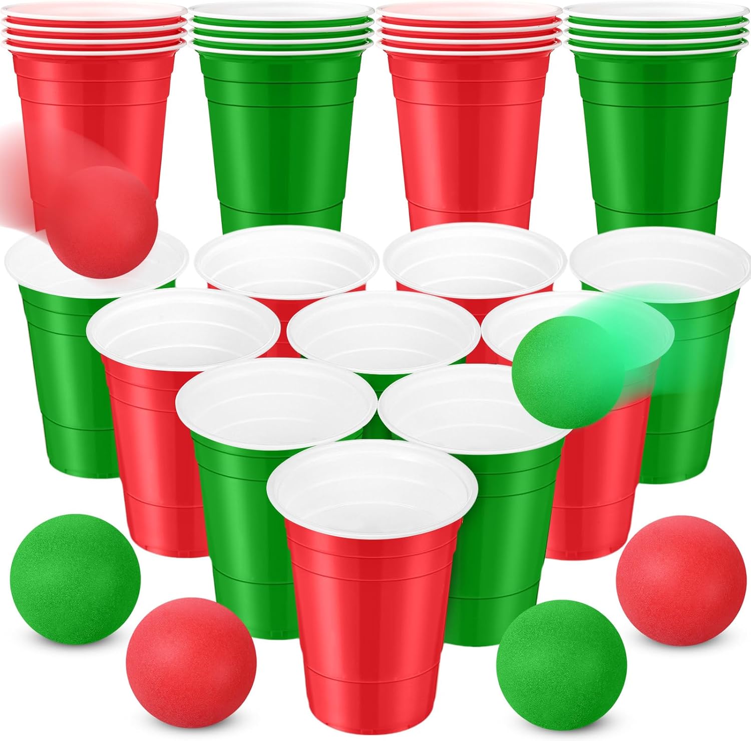 Foilswirl 32 Pcs Christmas Party Game Set Include 16oz Red Green Plastic Cups with 8 Balls, Beer Cups for Xmas Holiday House Party Favor Birthday BBQ Outdoor Toss Game Supplies