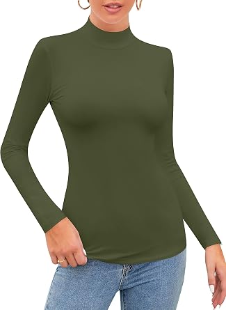 SHEIUGU Womens Long Sleeve Mock Turtle Neck Tops Basic Stretchy Fitted Underwear Layer Tee ShirtsArmy Green-A-Medium