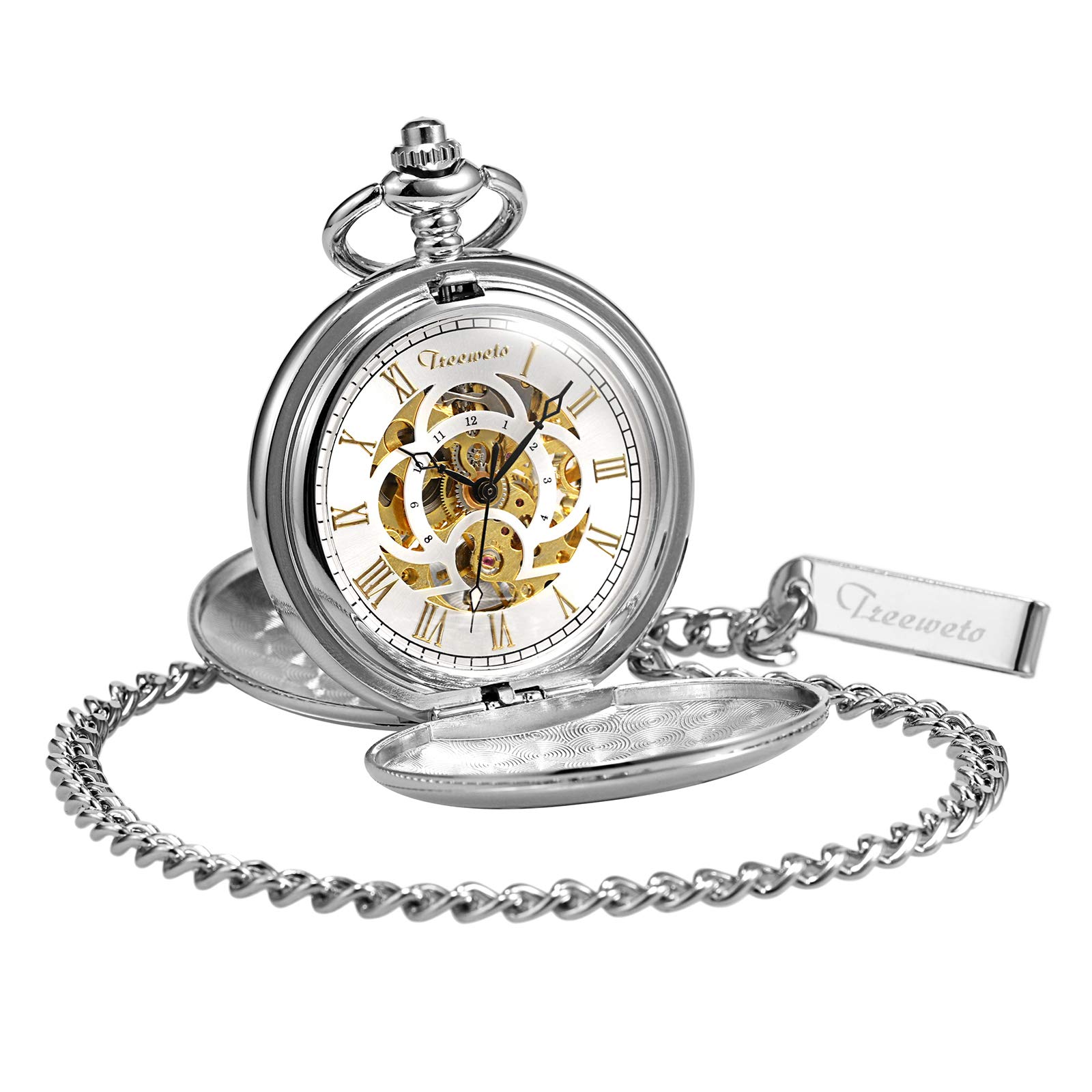 TREEWETO Orologio da taschino classico, liscio, doppia cassa, meccanico, steampunk, numeri romani, orologio da taschino, per uomo e donna, con catena + confezione regalo, Argento, Classico