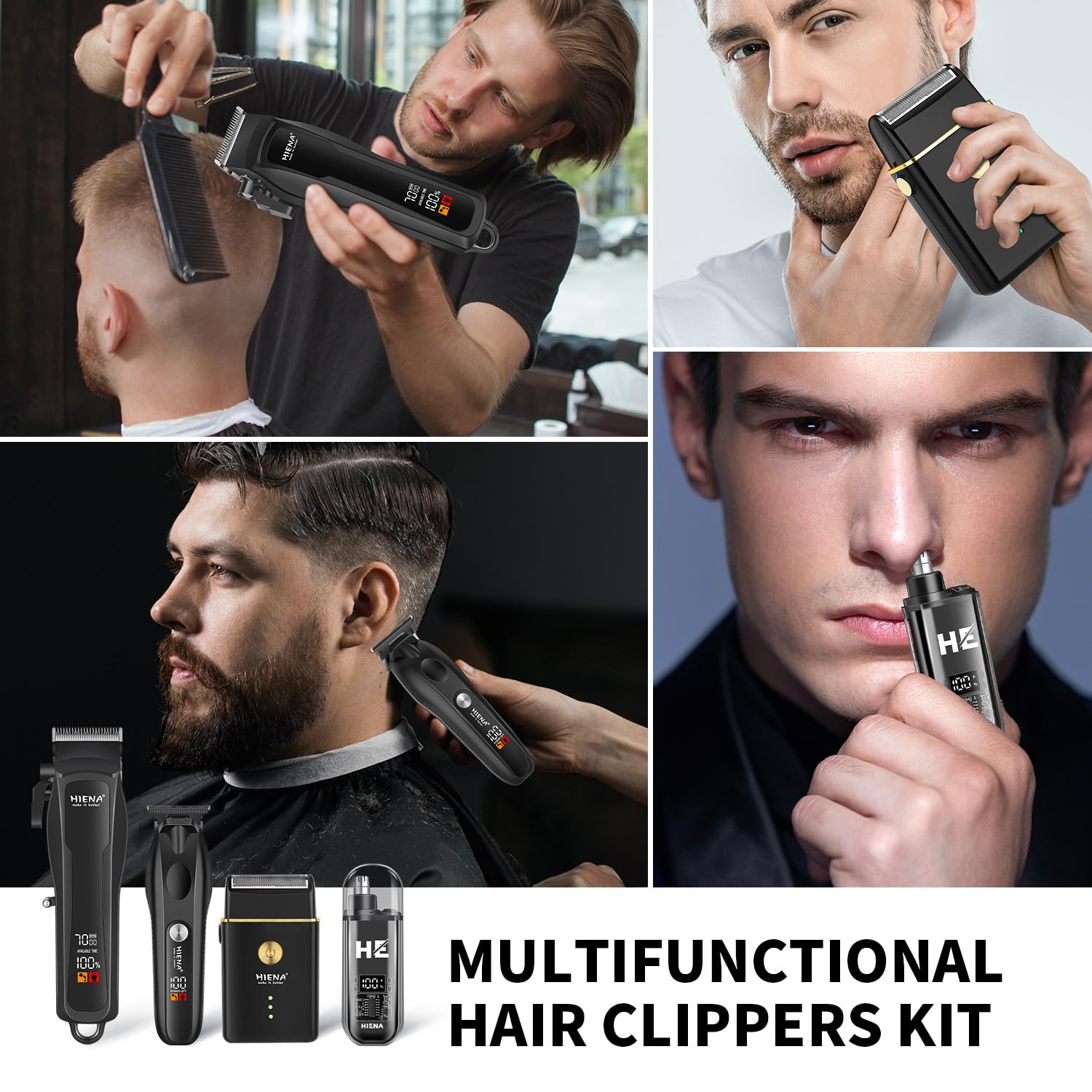 HIENA PRO Tondeuse à cheveux pour homme, sans fil, tondeuse à barbe, rasoir à lames, tondeuse à nez, kit complet de rasage et de coupe de cheveux électrique