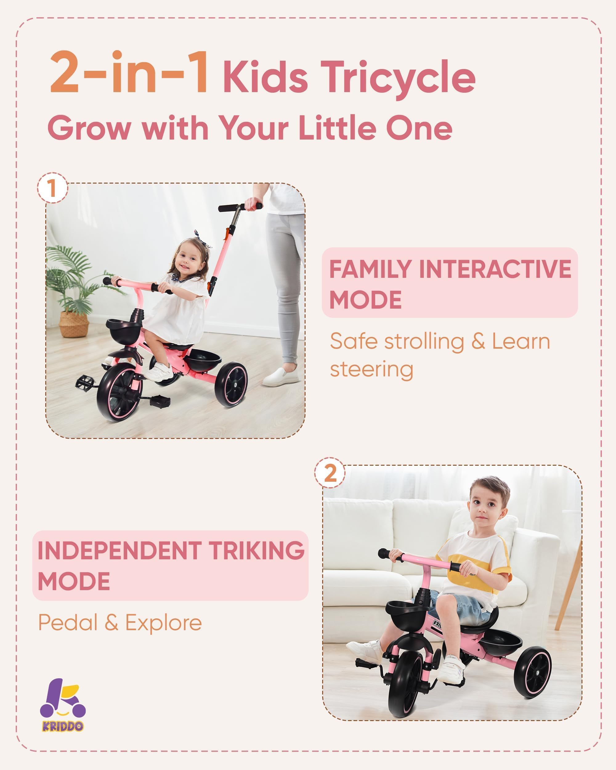 KRIDDO 2-in-1 Toddler Tricycle for Ages 18 Months to 5 Years Old - Extended Push Handle for Effortless Push, Gift Trike for Toddler 3 to 5 Year, Kids Tricycle with Foldable Front Footrest, Pink
