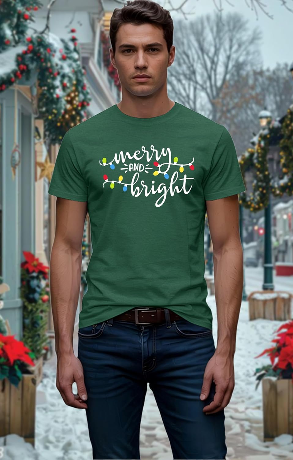 Christmas Shirts for Men: Xmas Holiday T-Shirt Merry and Bright Letter Tees Vacation Short Sleeve - Image 2