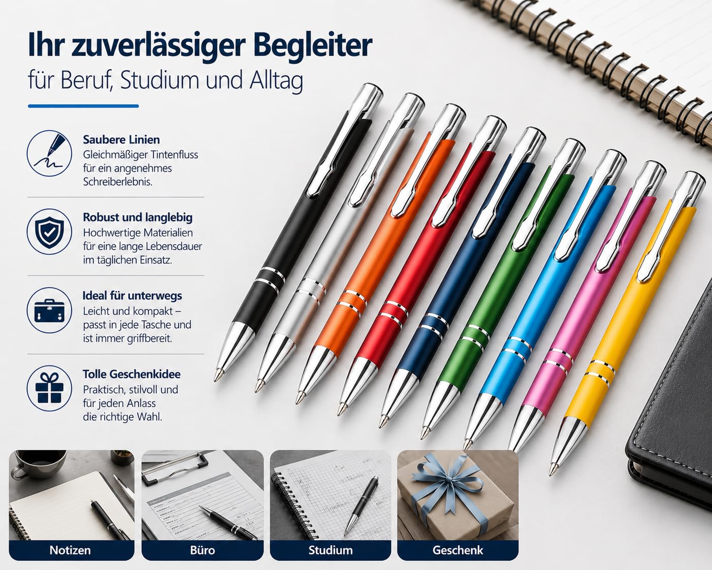 WPRO 100 Stück Metall Kugelschreiber bunt | Blauschreibende austauschbare Großraummine | Metallclip | Hochwertig | Für Büro und Studium