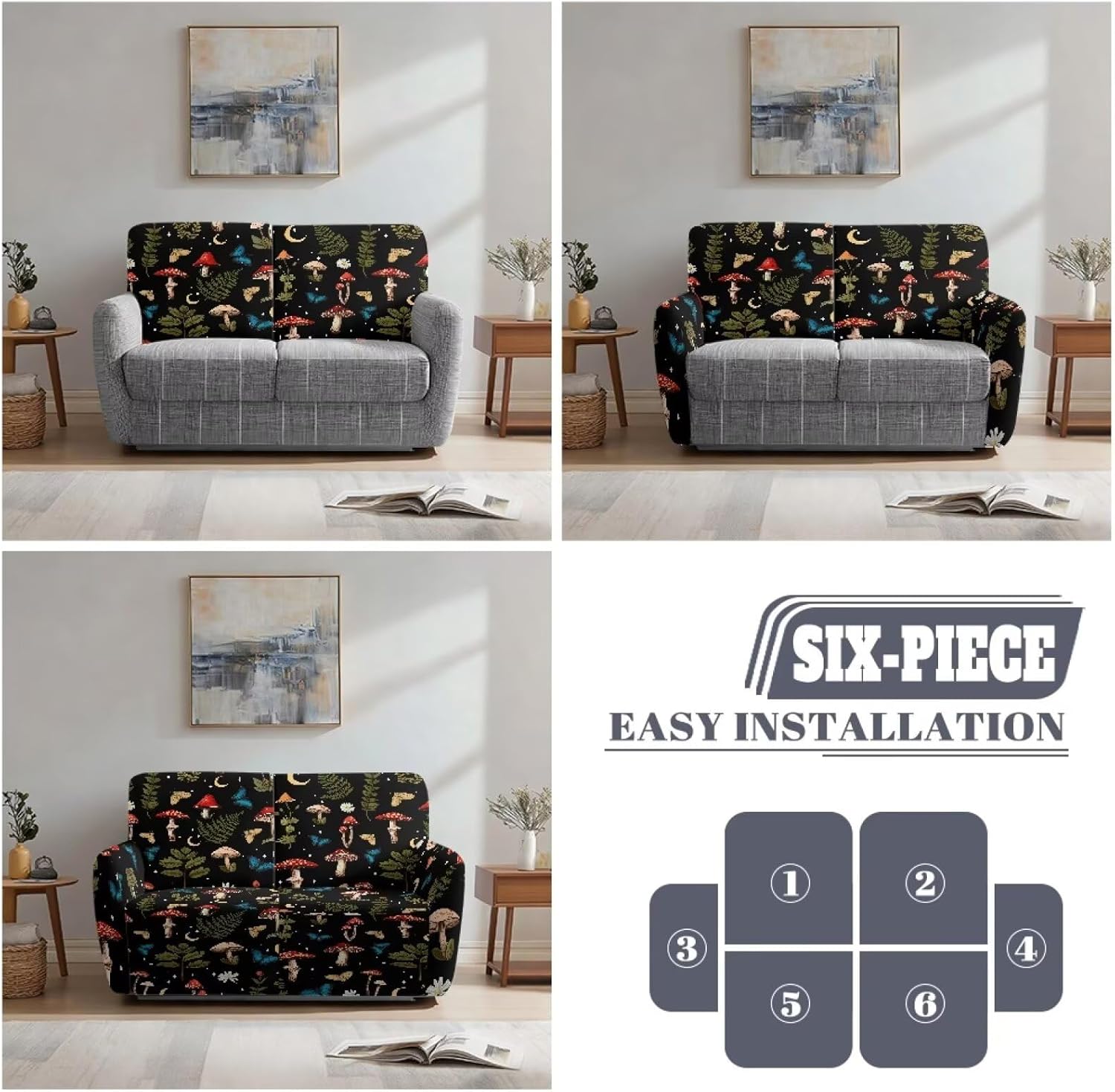 Mushroom Plants Recliner Loveseat Slipcover, 6 Pieces Dual Recliner Sofa Covers for 2 Seat Dual Reclining Loveseat Couch, Soft Furniture Protector with Elasticity