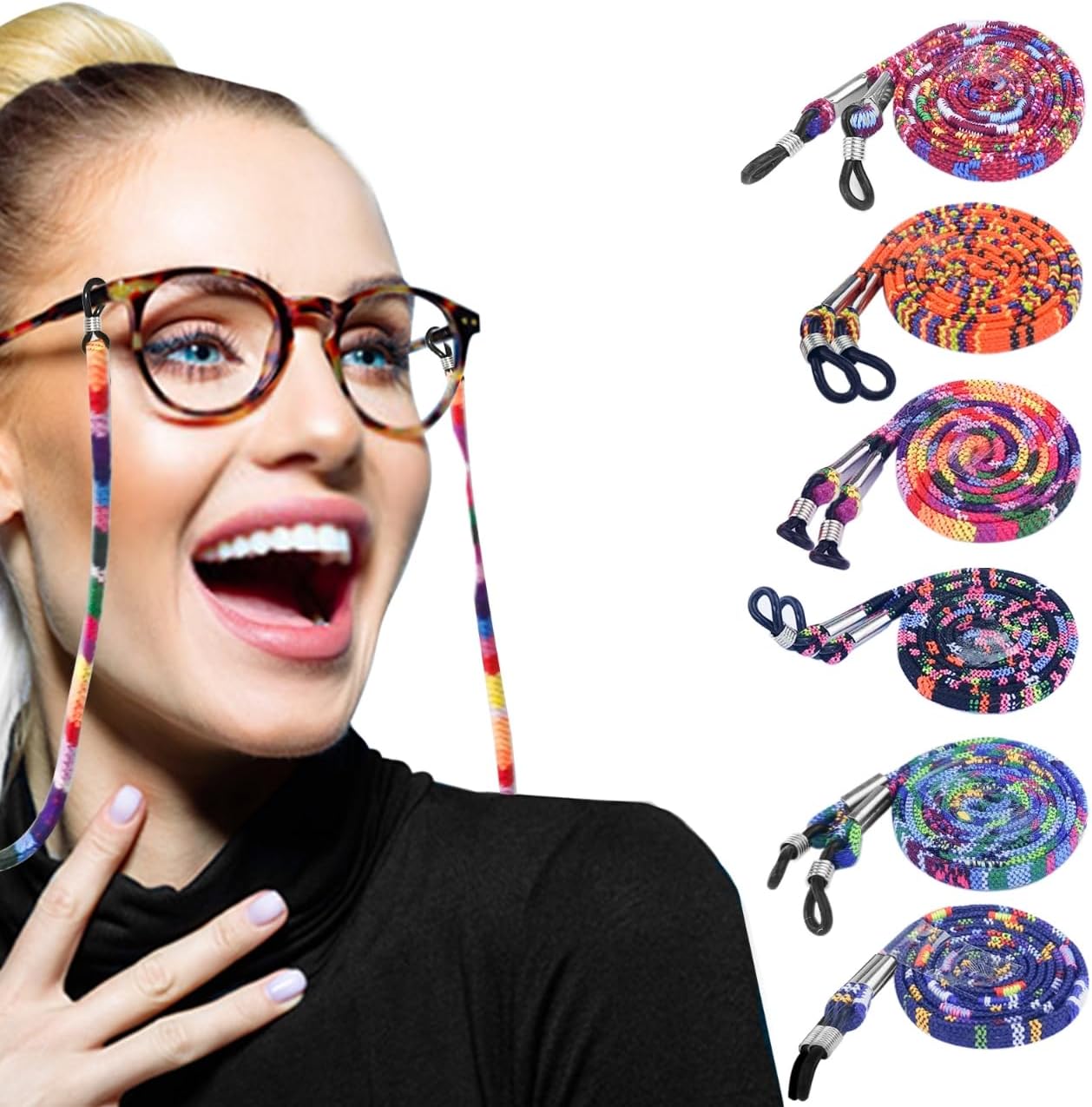 6Pcs Eyeglasses Straps Chain, 5mm Nylon Non-Slip Spectacles Strap Glasses Adjustable Neck Cord Retainer Lanyard 73cm / 28.74inch Bohemia Spec Lanyard for Women Men