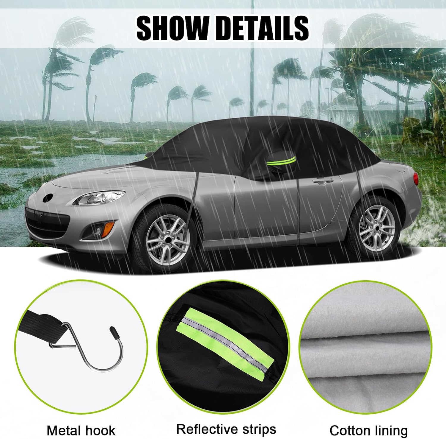 Black Half Car Cover Compatible with 2005-2015 Mazda MX-5, Weatherproof Hail Protector Car Cover with Reflective Strip, Storage Bag All Weather Protection Snow Proof UV