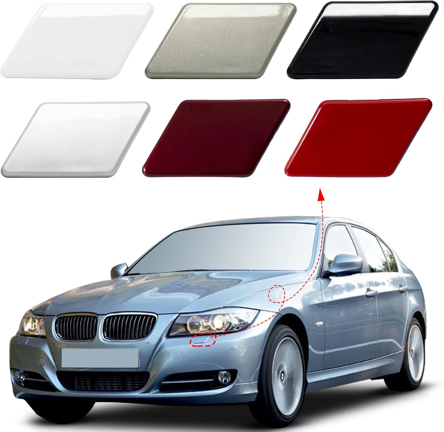 Front Bumper Headlight Washer Nozzle Cover Cap Fit for BMW 3 Series E90 E91 2009 2010 2011 61677211209 61677211210 (Silver, Right Passenger Side)