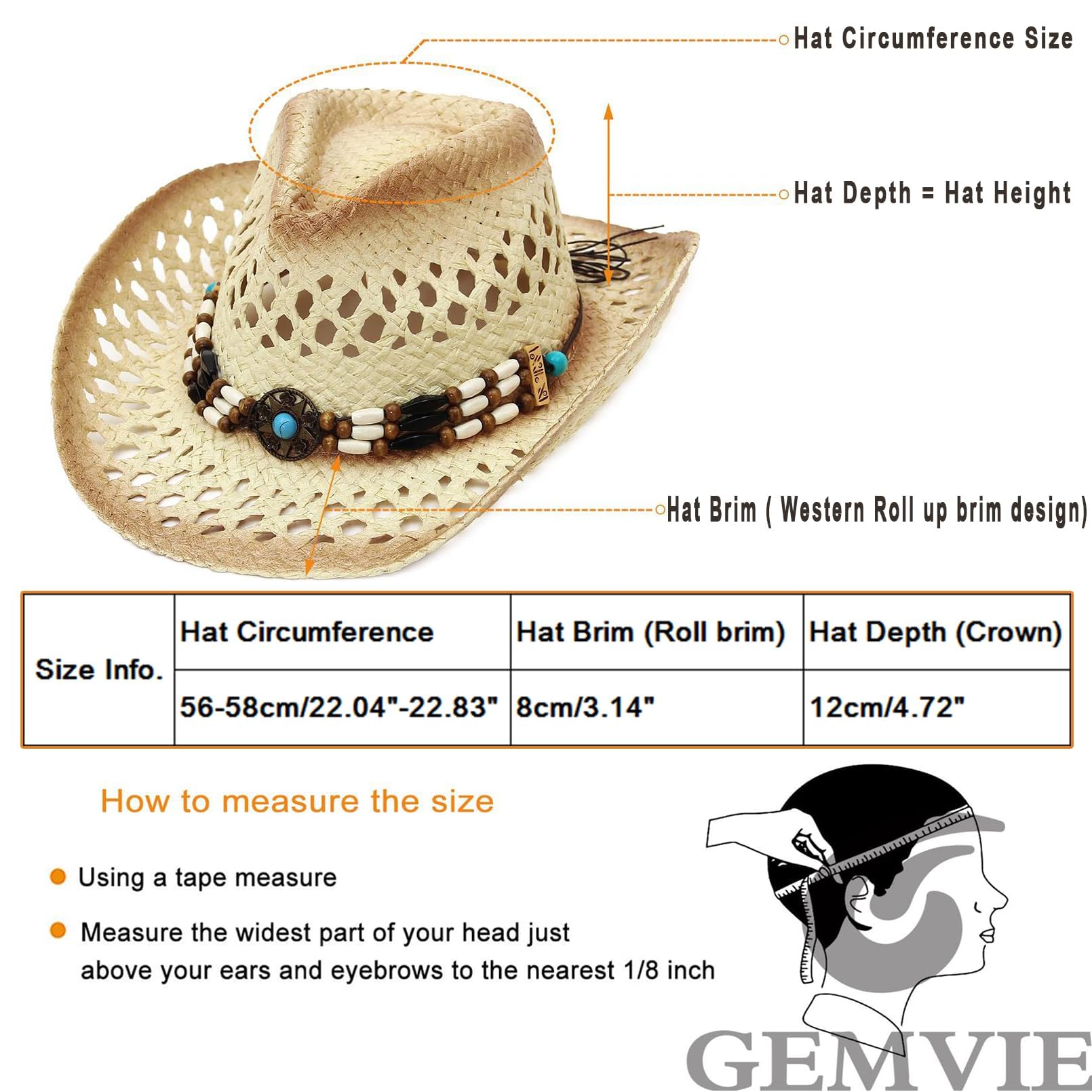 GEMVIE Chapeau de paille Panama pour femme, chapeau de cowboy, chapeau de plage, chapeau de soleil à large bord en paille enroulable