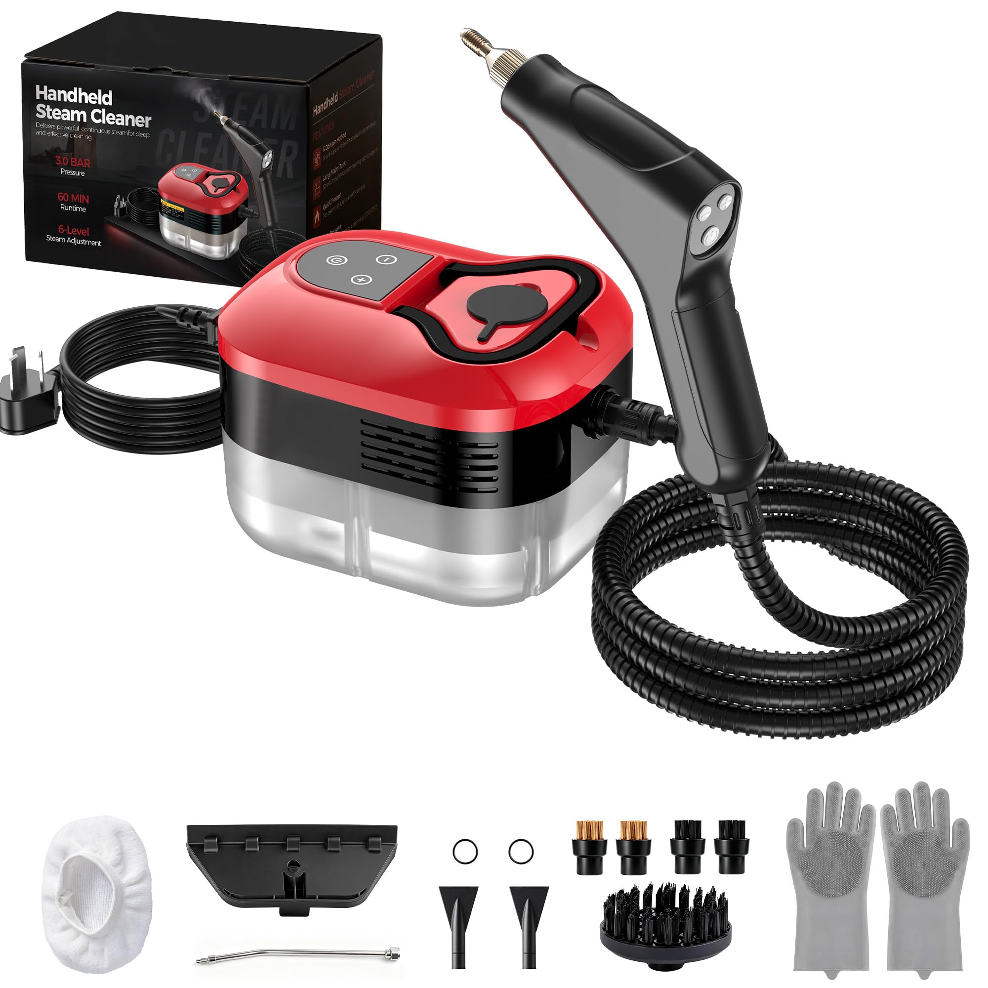 Photo 1 of Husalari Handheld Steam Cleaner, 1500W Portable, 6-Level Adjustable, Red
