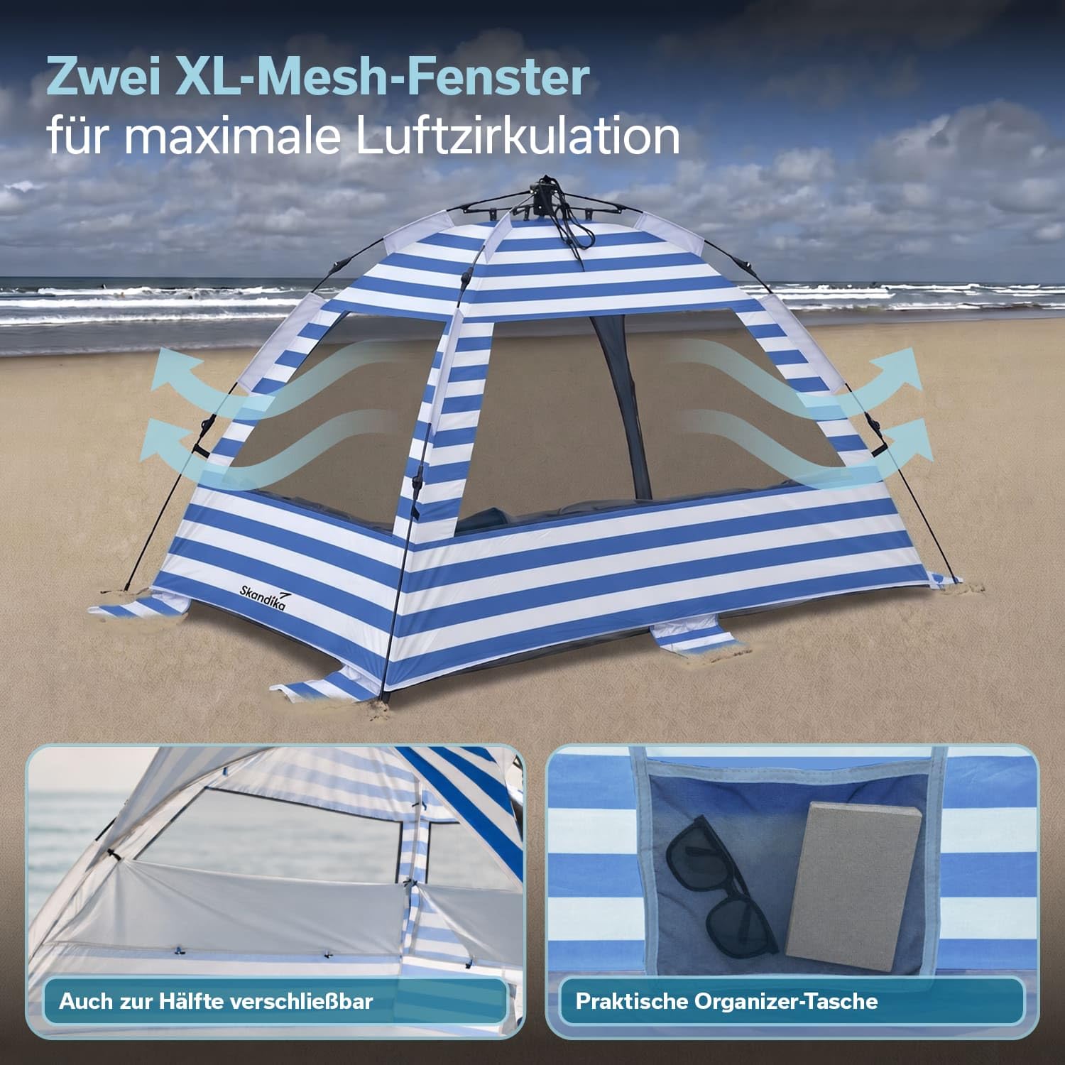 Skandika Strandmuschel Skugga Quick-Start | Strandzelt, UV-Schutz 80+, rundum verschließbar, Windschutz, Sonnenschutz, Sichtschutz, Quick-Up, Sandheringe | Strand Zelt groß für Familie, Kinder