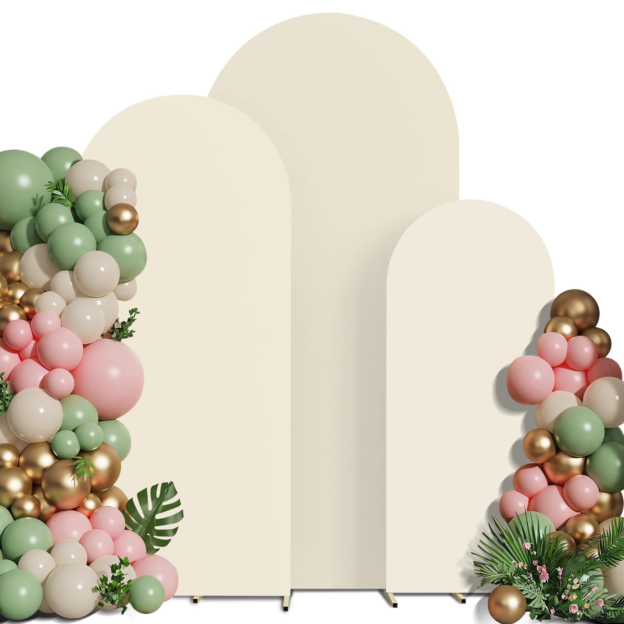 Spandex Anti Wrinkle Arch Backdrop Cover - High Elastic Fitted Arch Stand Cover Set of 3, Beige Round Top Chiara Backdrop Stand Cover for Wedding Birthday Party Halloween Decor 