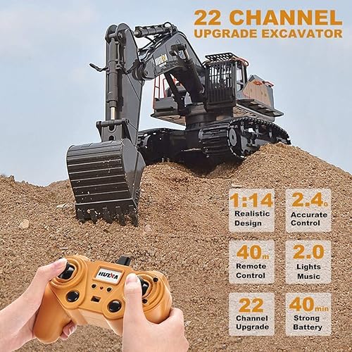 Vista 4 de Excavadora de control remoto juguete escala 114 excavadora RC, actualización de 22 canales completa funcional construcción vehículos recargable RC