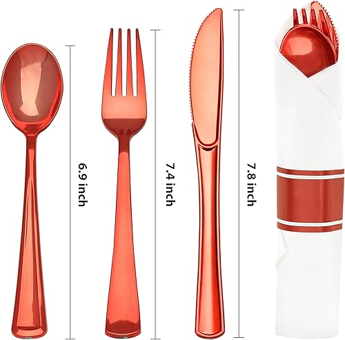 Miniatura 2 de Goodluck Juego de 50 cubiertos de plástico preenrollados color rojo, juego de cubiertos envueltos con 50 tenedores, 50 cuchillos, 50 cucharas y 50