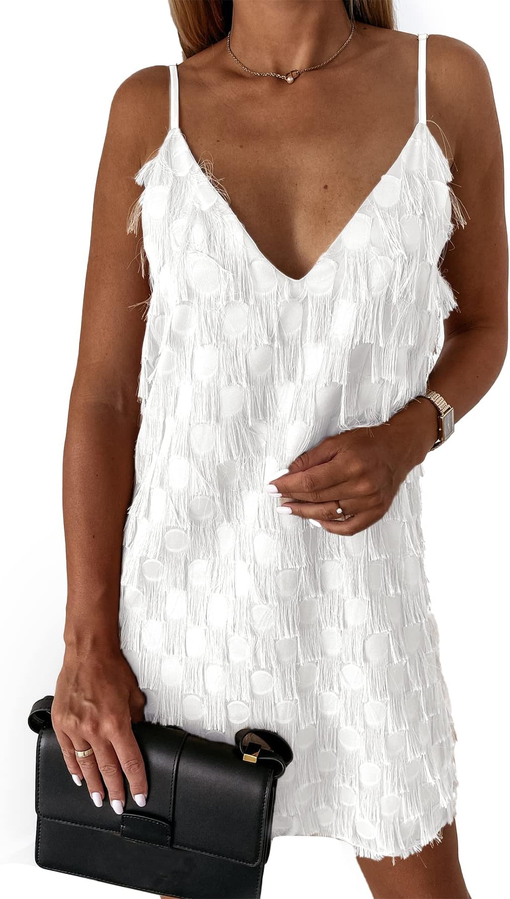 RooscierWomen's Fringe Tassels Spaghetti Straps V Neck Sleeveless Cocktail Mini Dress