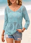 SHEWIN Femmes d'été Tops Hollow Out Plage Crochet Couverture Hauts V Col 3/4 Manches Pullover Chandail chemises
