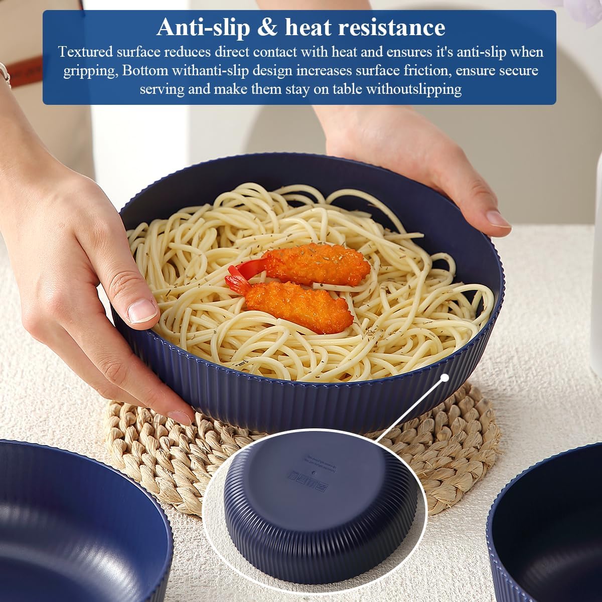 HOMQUEN Pasta Bowls Set of 6, 37oz Salad Bowls Blue Soup Bowls, Large Pasta Serving Bowls, Unbreakable Plastic Dinner Bowls, Dinnerware Sets,Valentines Day Gift, Dishwasher Safe (Blue) - Image 5