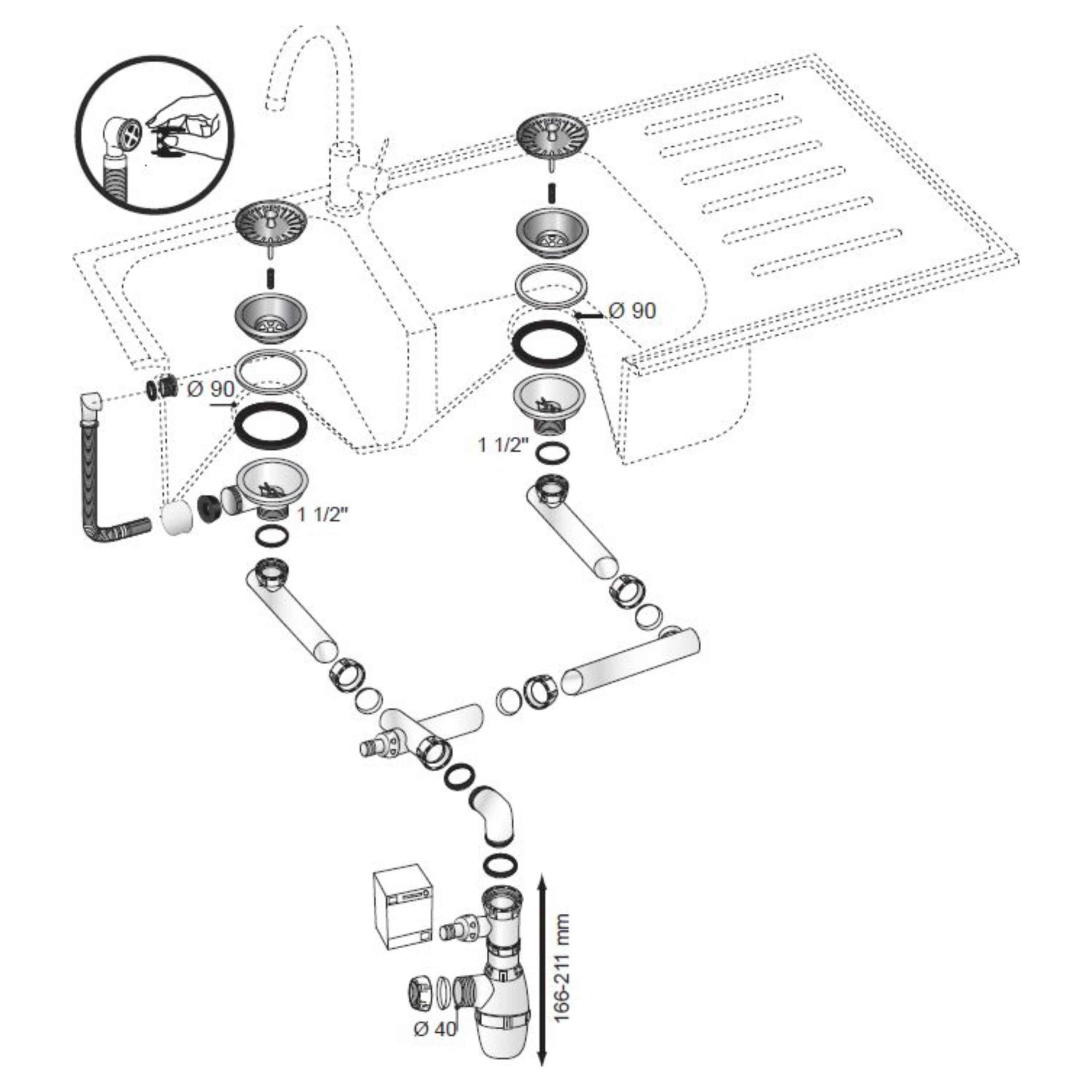 Wirquin 30723182 - Set completo di piletta e sifone per lavello 2 vasche con troppopieno rettangolare e presa lavatrice, cromato e bianco