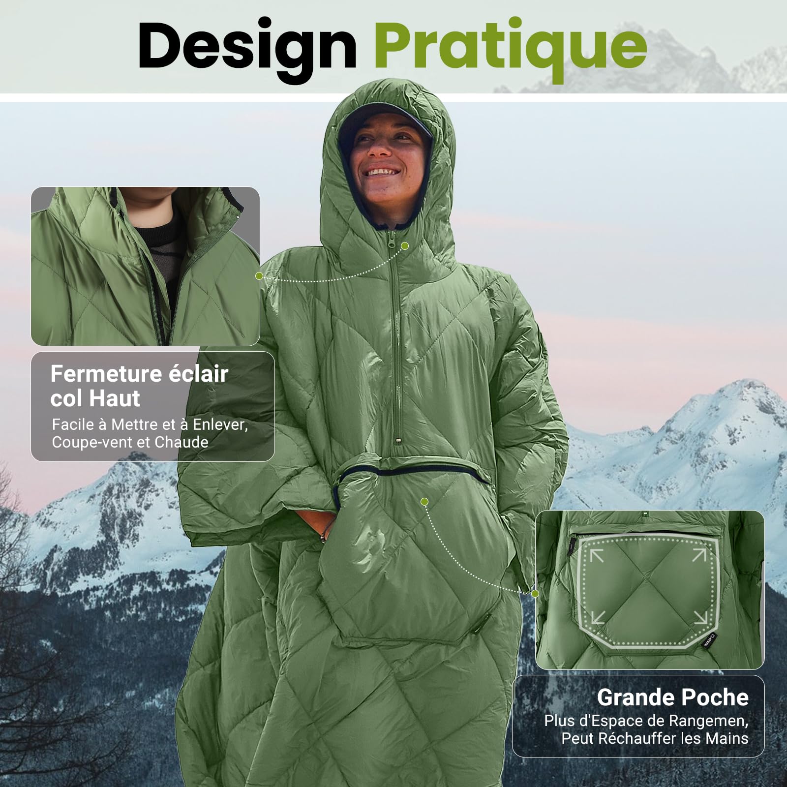 ATEPA Légère Couverture De Camping Multifonctionnelle avec Capuche, Imperméable Et Coupe-Vent, Poncho De Plein Air Portable avec Poches, Idéale pour Les Voyages 145x115 Cm, 0,65 Kg
