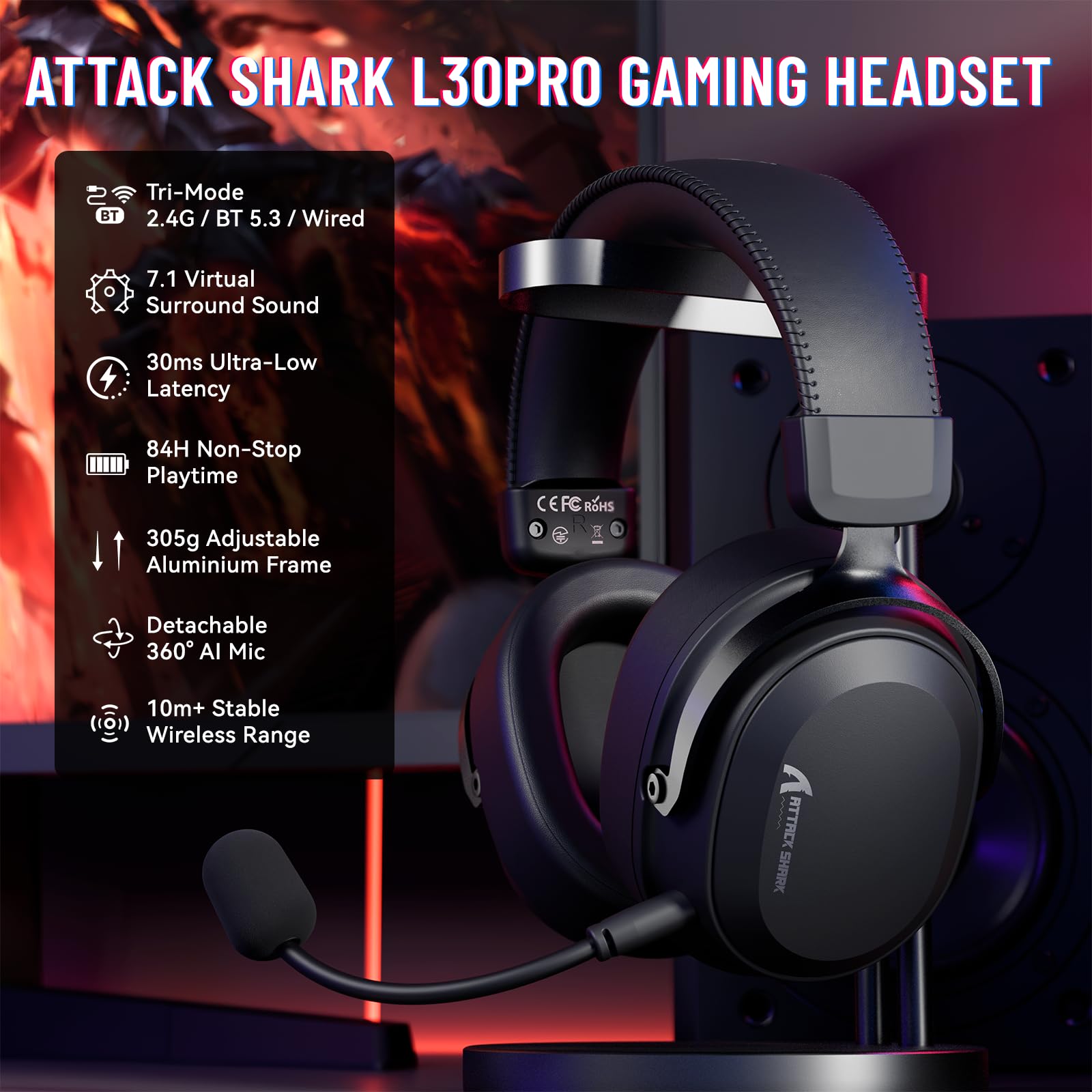 ATTACK SHARK L30PRO Casque Gamer sans Fil, Surround 7.1, Pilotes 50mm, Tri-Mode 2.4G/BT 5.3/Filaire, Micro Amovible ENC pour PC/PS5/Xbox/Switch, Batterie 85H - Noir Rouge
