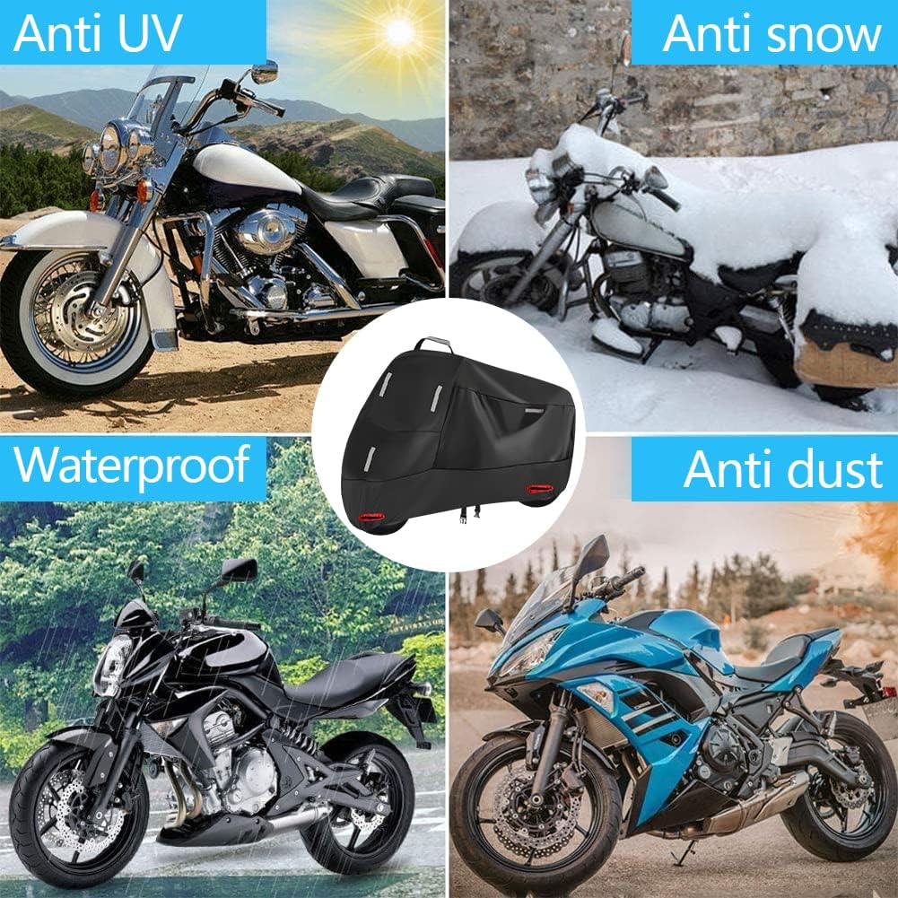 SECELES Bâche de Protection pour Moto Imperméable Couverture Oxford 300D, Housses de Moto Exterieur Interieur, avec 5 Bandes réfléchissantes et 2 Trous de Serrure - XL (230 x 95 x 125 cm)