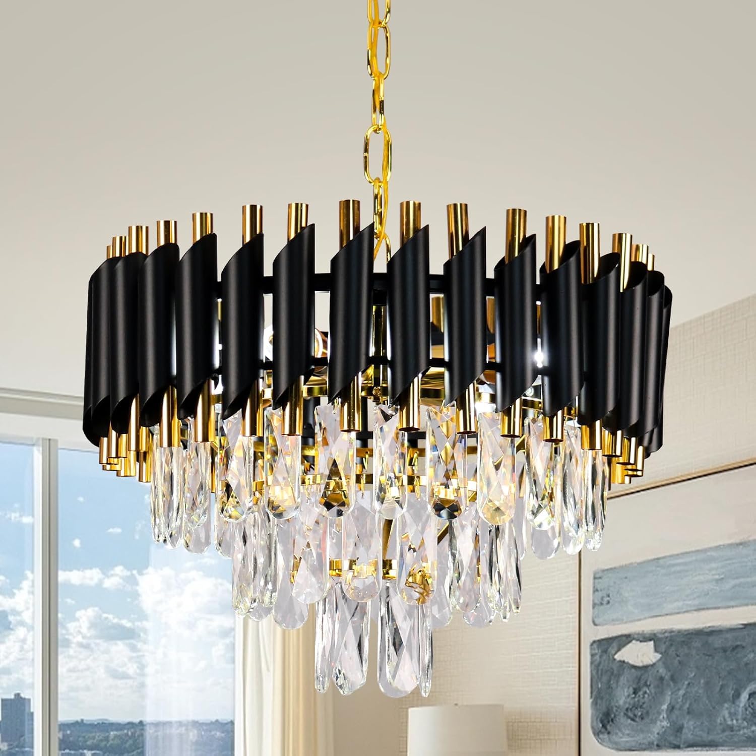 Crystal Chandelier Lights for Hall Ceiling/Jhumar/Jhoomar Lamp for Living Room Modern, Home Decarative Lamps for Hall and Office | Black Gold (400 mm/16inch/3-Tiers)