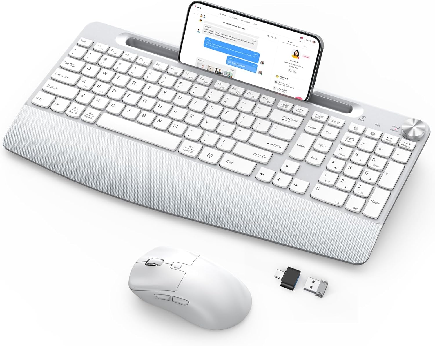 Wireless Keyboard and Mouse - Full-Sized Ergonomic Keyboard with Wrist Rest, Phone Holder, Volume Knob,2.4GHz Silent Cordless Keyboard Mouse Combo for Computer, Laptop, PC, Mac, Windows -White Type-C White