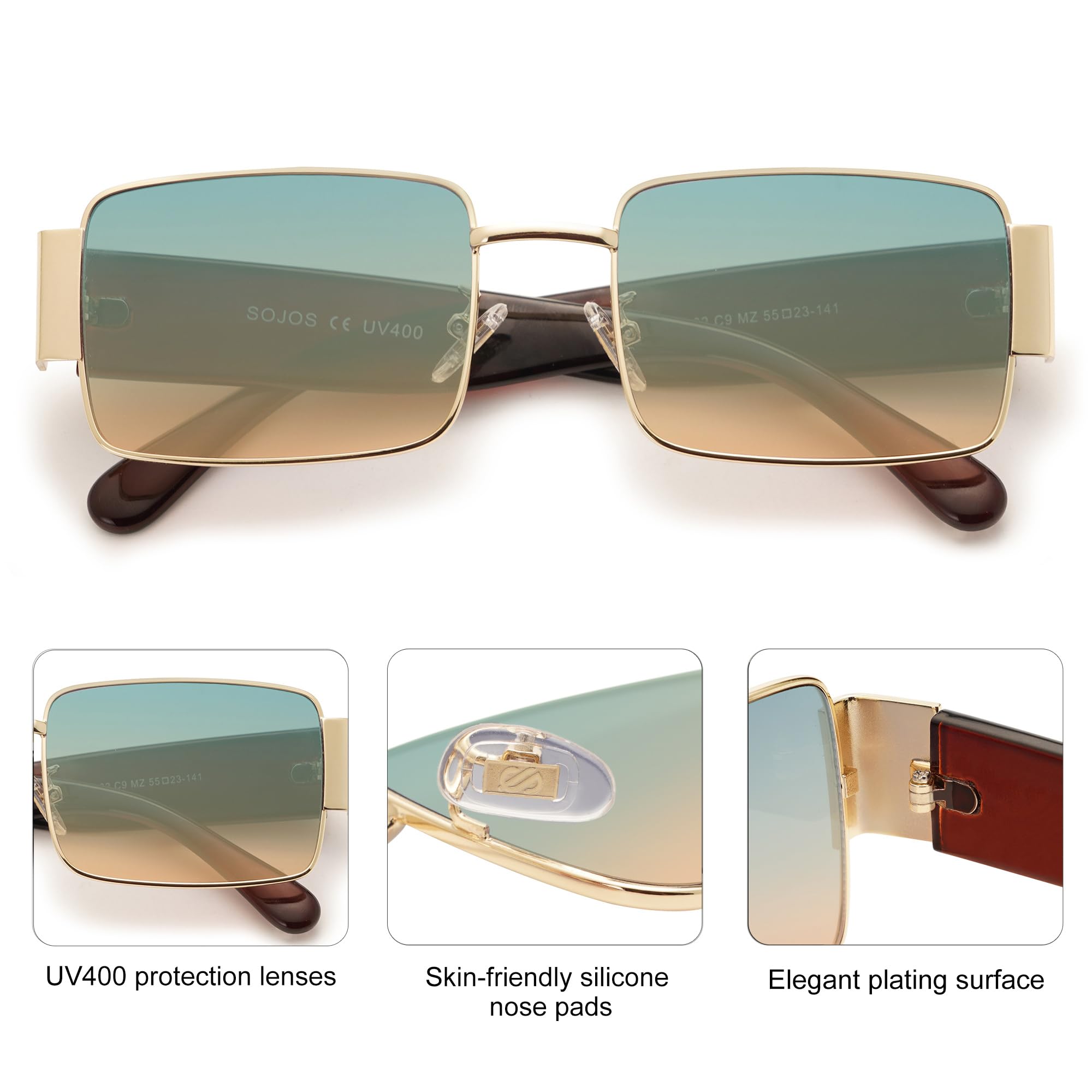 SOJOS Retro Fashion Rectangle Sunglasses Womens Mens Vintage Trendy Square Shades SJ1162