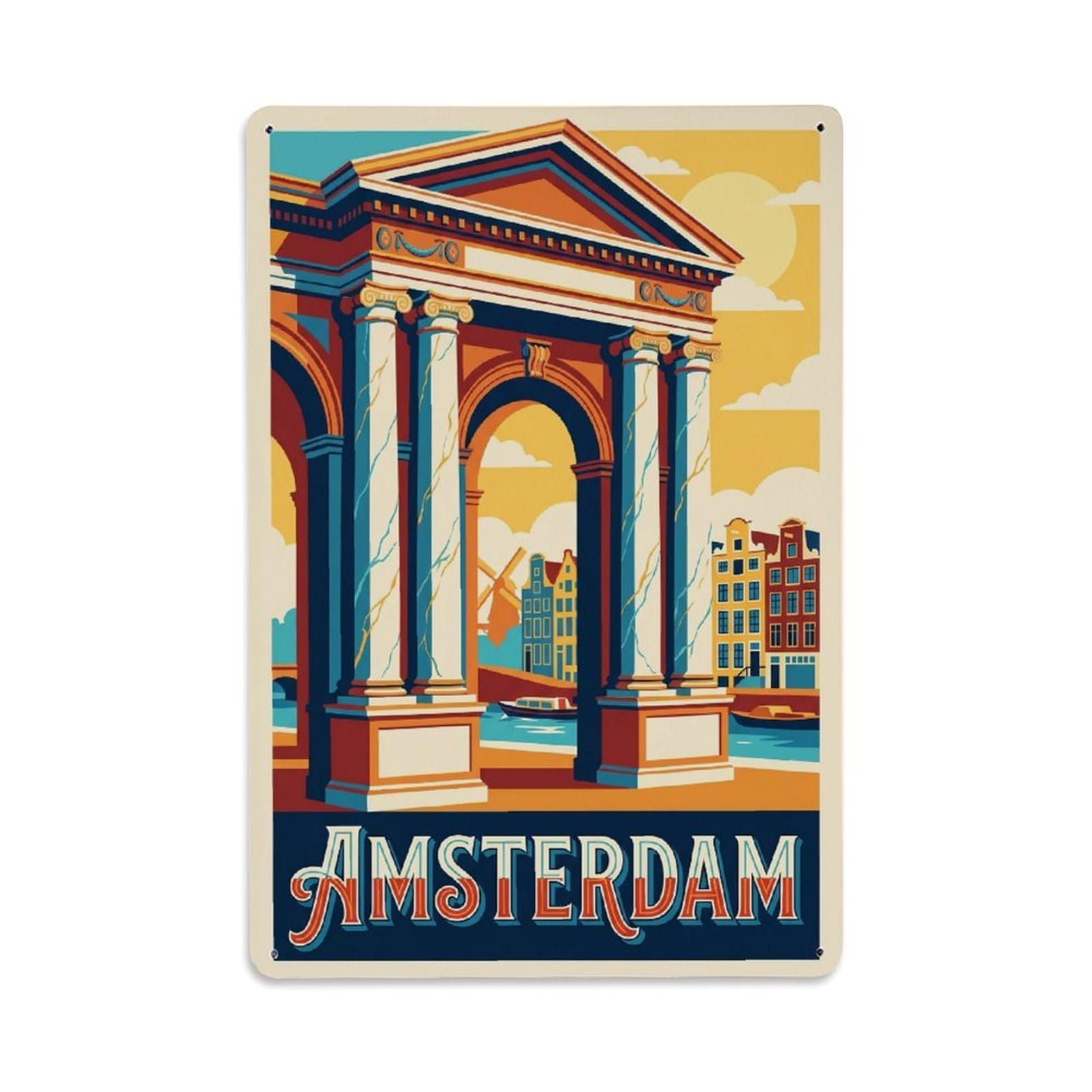 Okngb Style Colonnade Retro Architecture Amsterdam Landmark Travel Metal Tin Sign Plaque Wall Decor For Cafe, Man Cave, Club Bar, Office, Home Garden Round Metal Poster 8X12inch