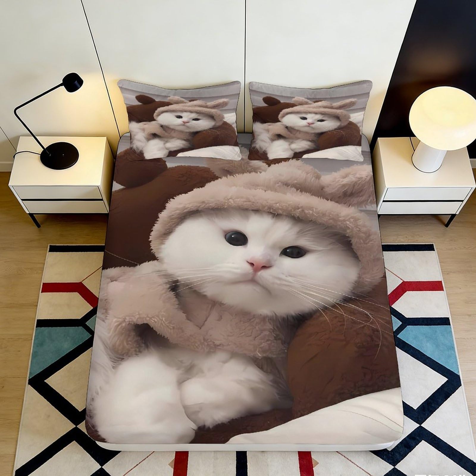 Jqzkxnhpbr Style-3 3D Printed Cute Cat Fitted Sheet Microfiber Soft Brown Cartoon Animal Bed Cover For Bedroom Guest Room Dorm Decor 90X200x25cm
