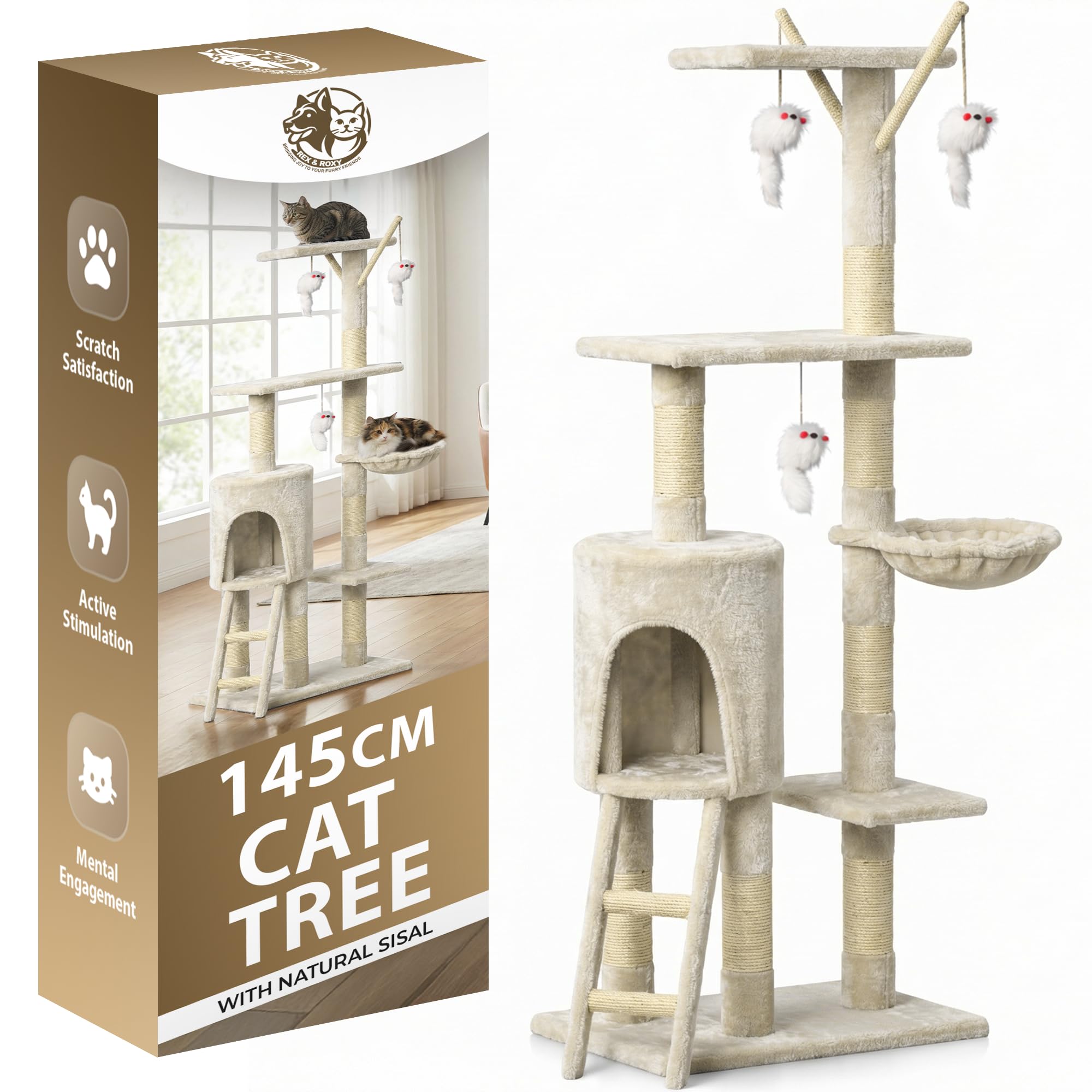 Rex & Roxy 145cm Cat Tree for Indoor Cats | Tall Cat Tower with Scratch Post and Natural Sisal | Multi Level Cat Climbing Frame with Platforms, Condo, Toys, Ladder | Large Cat Tree for Homes (Beige)