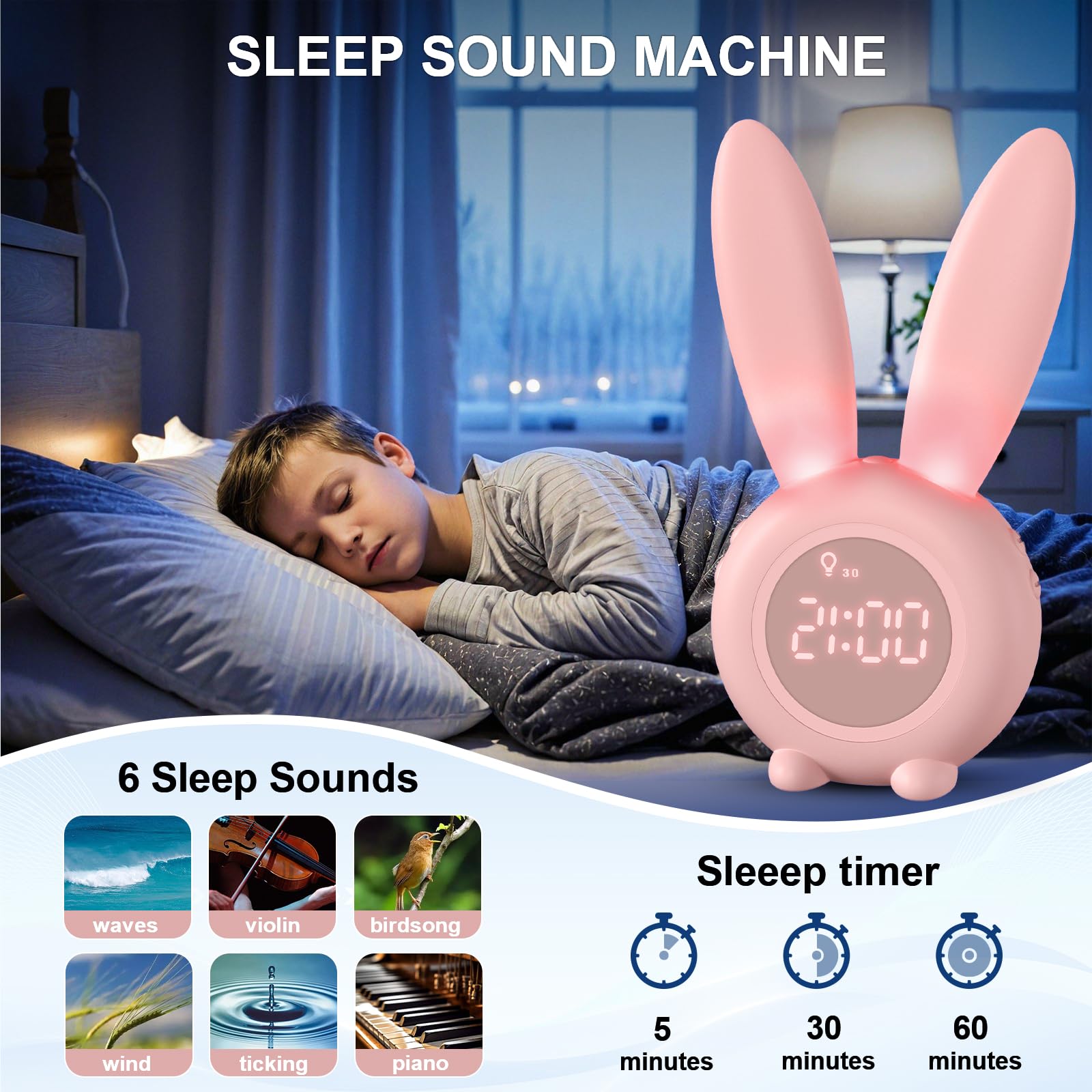 Homealexa Kinder Lichtwecker Cute Rabbit Kinderwecker Creative Nachttischlampe Snooze-Funktion, zeitgesteuertes Nachtlicht, Kindertagesgeschenk für Kinder, Mädchen (Pink)