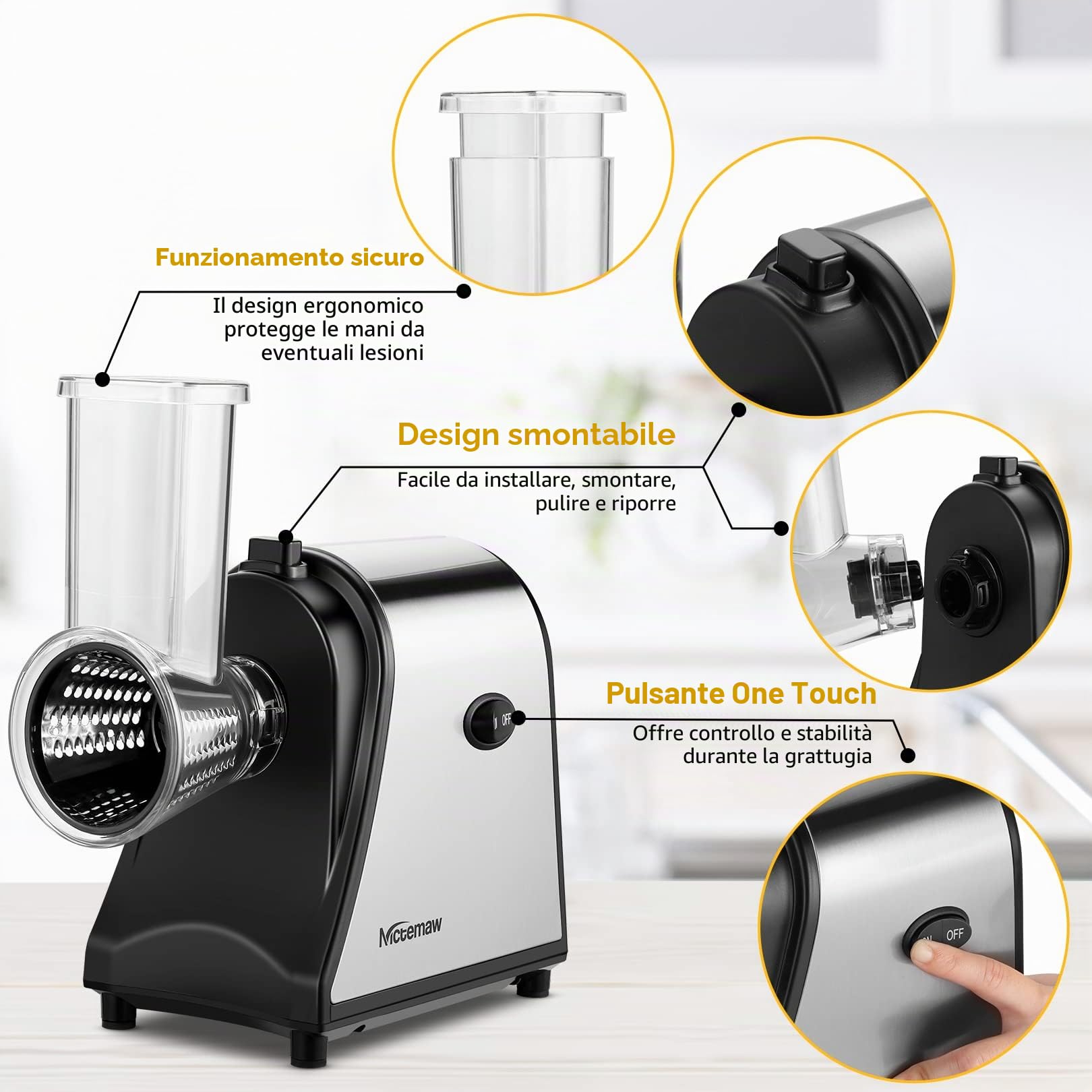 Taglia Verdure Elettrico 250W, 5-in-1 Professionale Grattugia Tritatutto Affettaverdure Multifunzione con 5 Lame in Acciaio Inox per Verdure/Parmigiano/Frutta