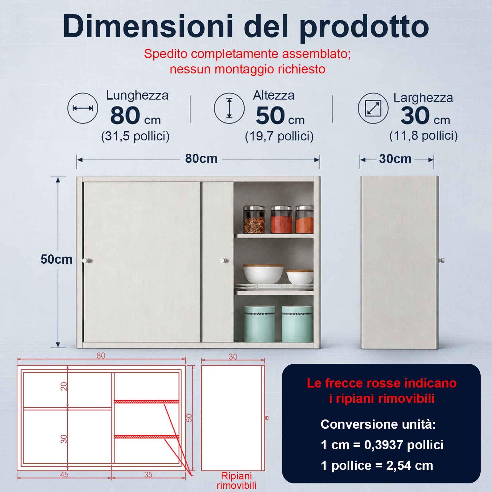 HJZALMI Armadietto a parete in acciaio inox, portata 50 kg, senza montaggio