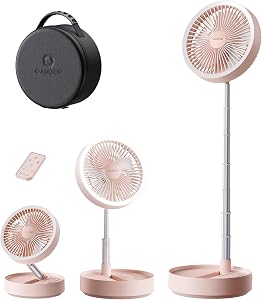 Gaiatop Portable Pedestal Fan 16000mAh Battery [Max 74h Runtime], Foldable Oscillating Standing Fan, Collapsible Desk Fans, LED Light, Case & Remote Control, 4 Speeds for Outdoor Travel Camping (Pink)