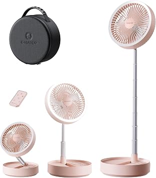 Gaiatop Portable Pedestal Fan 16000mAh Battery [Max 74h Runtime], Foldable Oscillating Standing Fan, Collapsible Desk Fans, LED Light, Case & Remote Control, 4 Speeds for Outdoor Travel Camping Pink